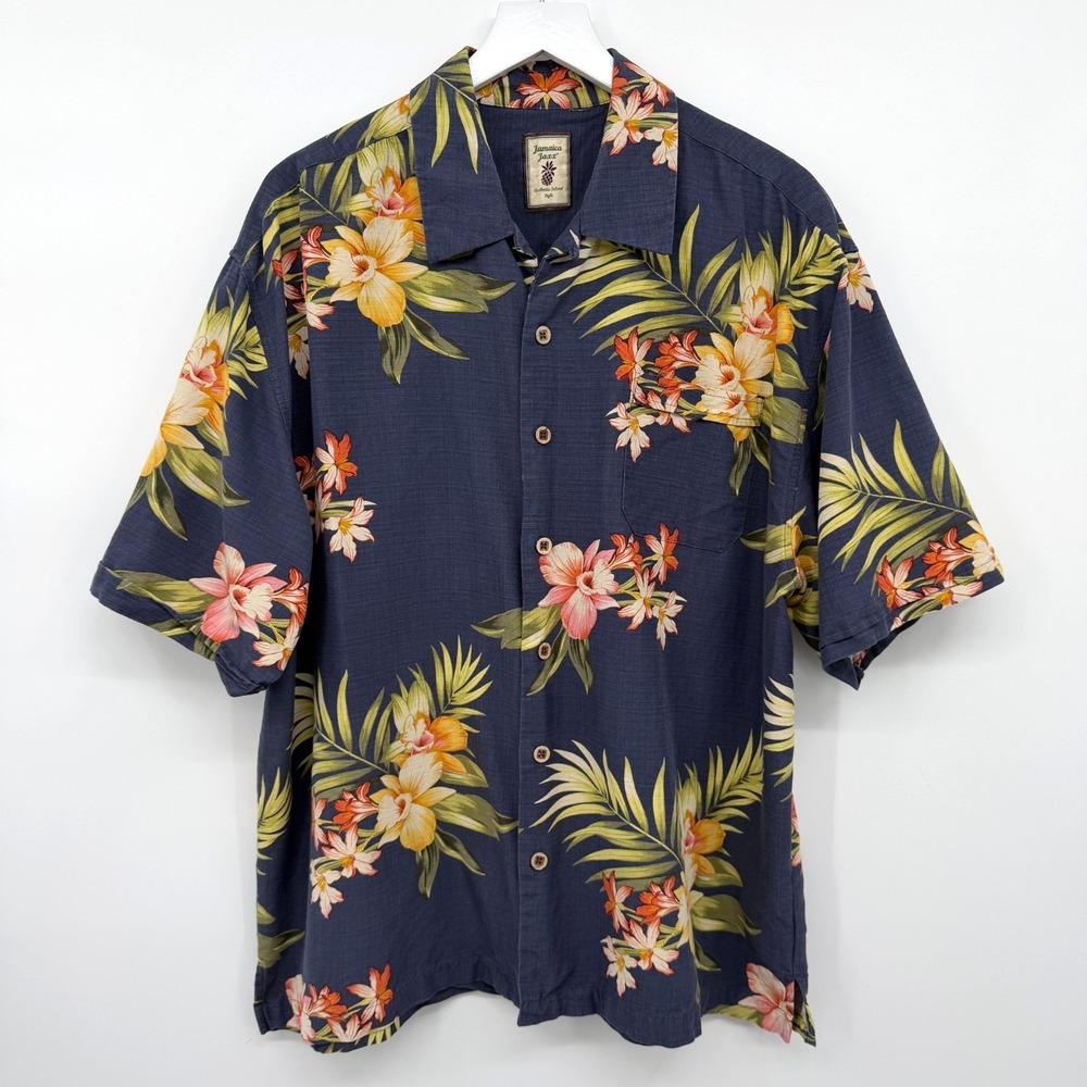 Jamaica Jaxx Hawaiian Shirt Mens XL 100% Silk Copyrighted Print Beachy Coastal
